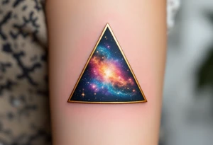 A gold-outlined triangle with a galaxy background, capturing the mystery of the universe. tattoo idea
