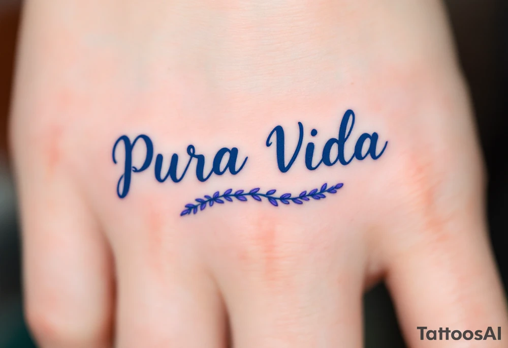 Simple cursive “Pura Vida” inked in navy blue with a small lavender sprig underlining the text. tattoo idea