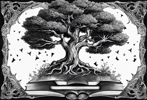 tree growing from book with branches containing triangle portals to other worlds tattoo idea