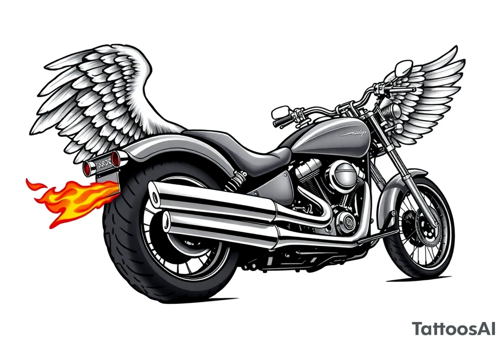 Low rider grey motorcycle, big muffler pipes with flames, angel wings, driving away, no person tattoo idea