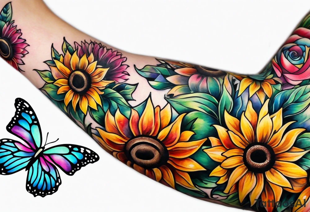 Memorial arm sleeve for mom with rainbow sunflowers and butterflies tattoo idea