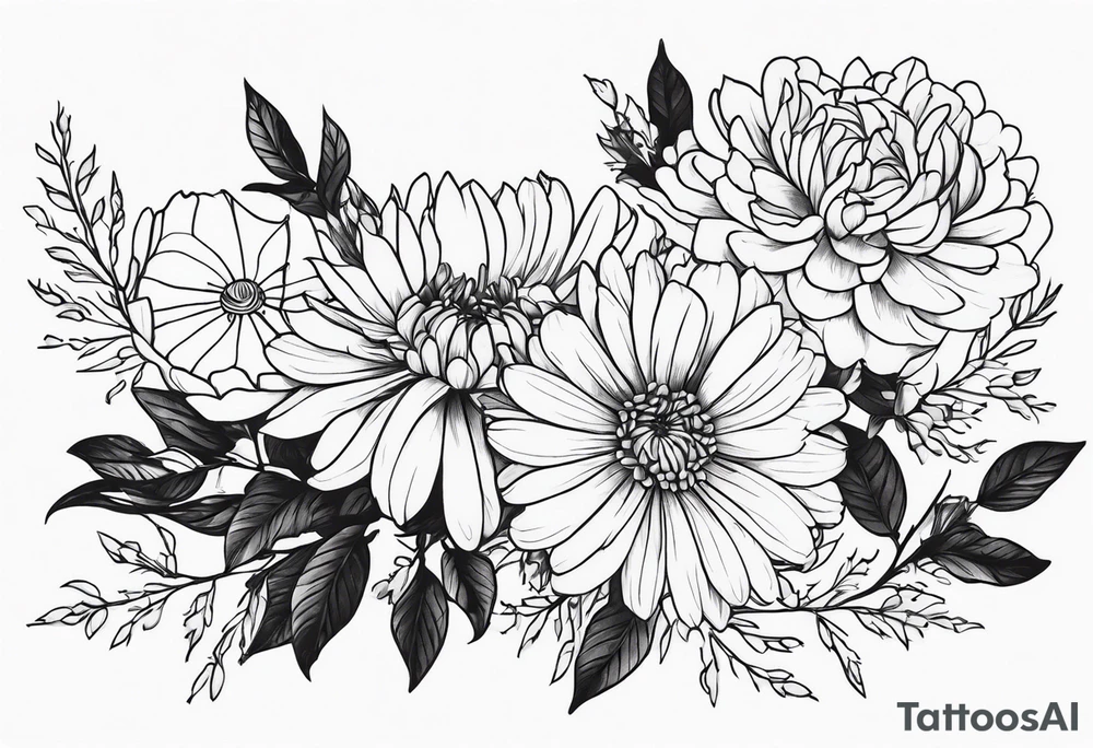 Asters, roses, hawthorns, and chrysanthemums in a long line tattoo idea