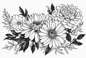 Asters, roses, hawthorns, and chrysanthemums in a long line tattoo idea