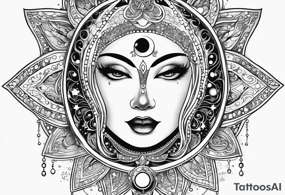 Feminine alien Sun and moon. Freeform rectangular sternum swirls with dots and stars tattoo idea