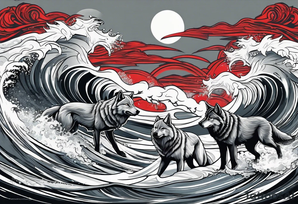 a pack of howling muscular  gray wolves surfing waves with a linear background with red, white and black and gray tattoo idea