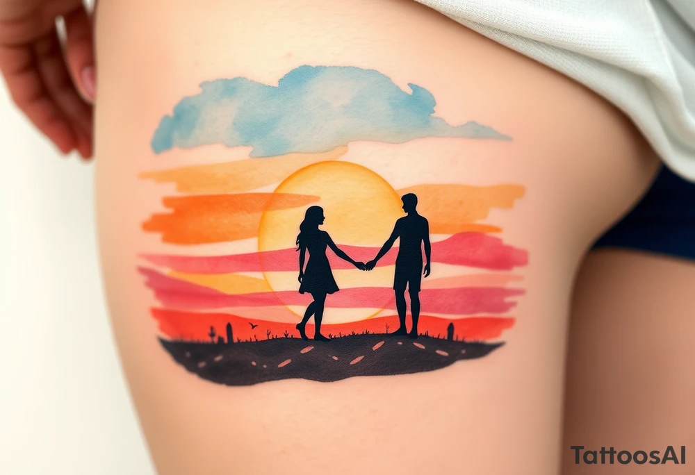 A soft watercolor sunset with two silhouetted figures holding hands, symbolizing a lifetime of love and support tattoo idea