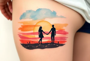 A soft watercolor sunset with two silhouetted figures holding hands, symbolizing a lifetime of love and support tattoo idea