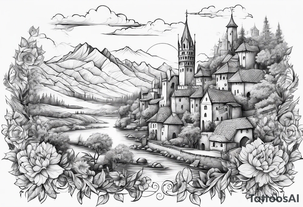 medieval tribal city 
floral  land sky vignette tattoo idea