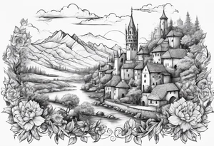 medieval tribal city 
floral  land sky vignette tattoo idea