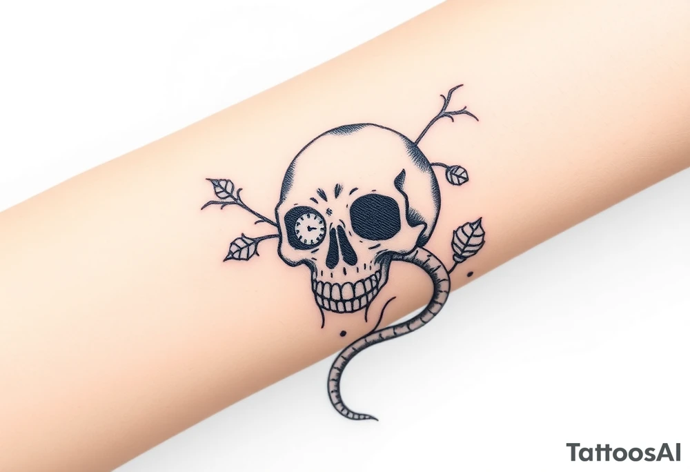 Skull with a snake going through its eyes or mouth include a clock and prickly vines tattoo idea