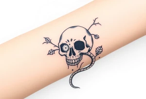 Skull with a snake going through its eyes or mouth include a clock and prickly vines tattoo idea