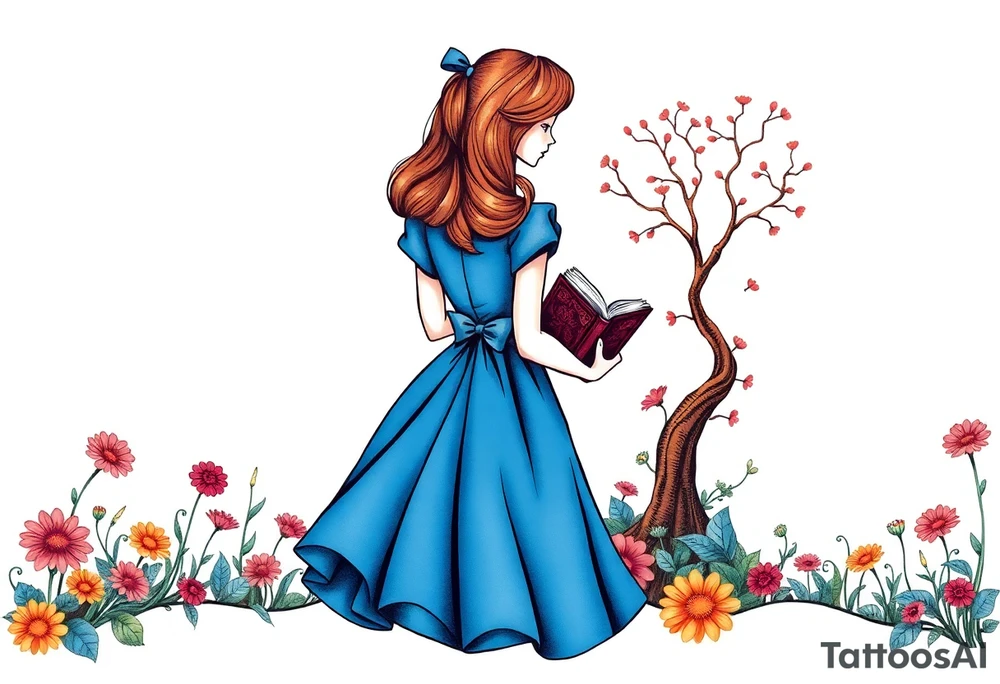 Alice (from Alice in wonderland) silhouette wearing a blue dress. Perspective from the back. She is caring a book, entering a garden with flowers and an orange tree tattoo idea