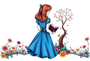 Alice (from Alice in wonderland) silhouette wearing a blue dress. Perspective from the back. She is caring a book, entering a garden with flowers and an orange tree tattoo idea