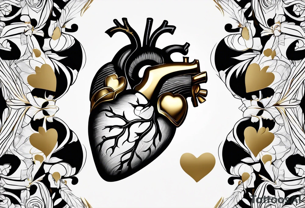 Anatomical heart with gold sealant lines tattoo idea