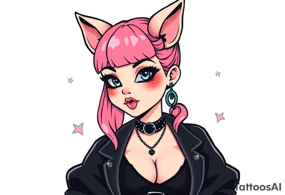 hot goth girl with puppy ears and with piercings on face and big boobs and big butt full body 
 with black outfit on with pink hair tattoo idea