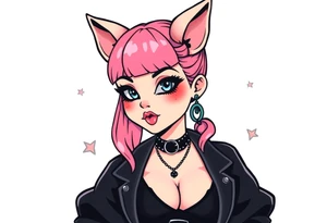 hot goth girl with puppy ears and with piercings on face and big boobs and big butt full body 
 with black outfit on with pink hair tattoo idea