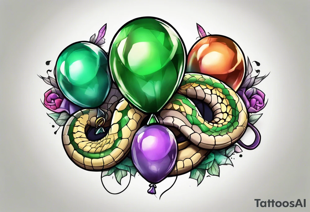 ballpython with colored ballons aside and a green gem on the other side tattoo idea