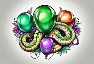 ballpython with colored ballons aside and a green gem on the other side tattoo idea