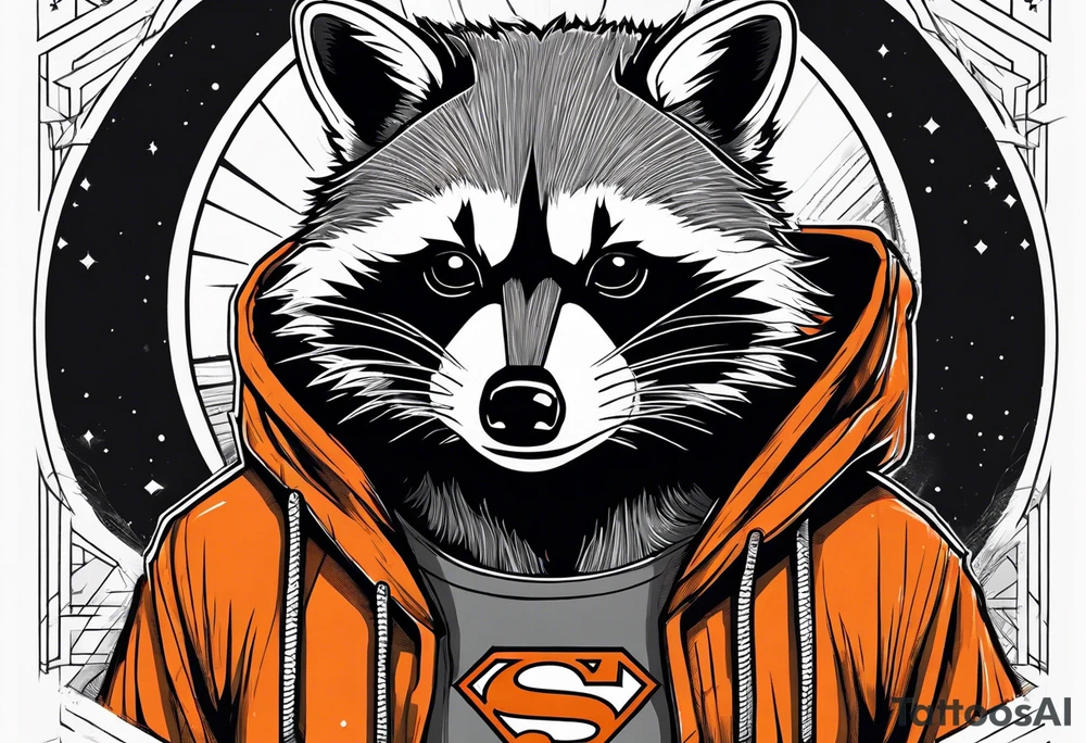 Raccoon wearing an orange Superman hoodie tattoo idea