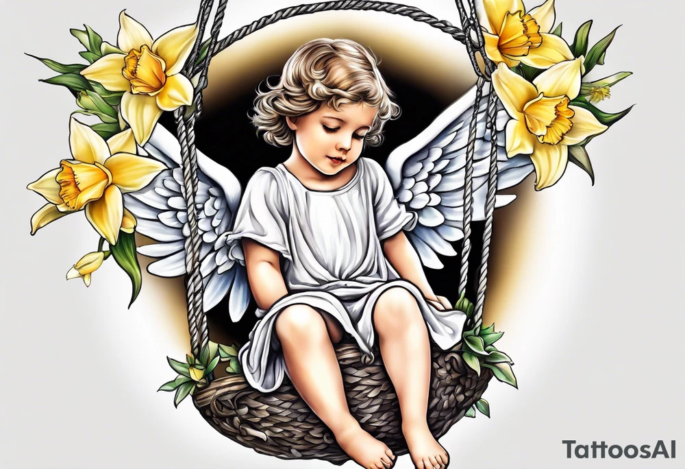angel child on swing with sagging wings, head down surrounded by lily, daffodil, rose, daisy, narcissus tattoo idea
