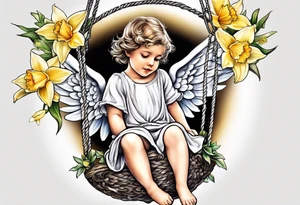 angel child on swing with sagging wings, head down surrounded by lily, daffodil, rose, daisy, narcissus tattoo idea