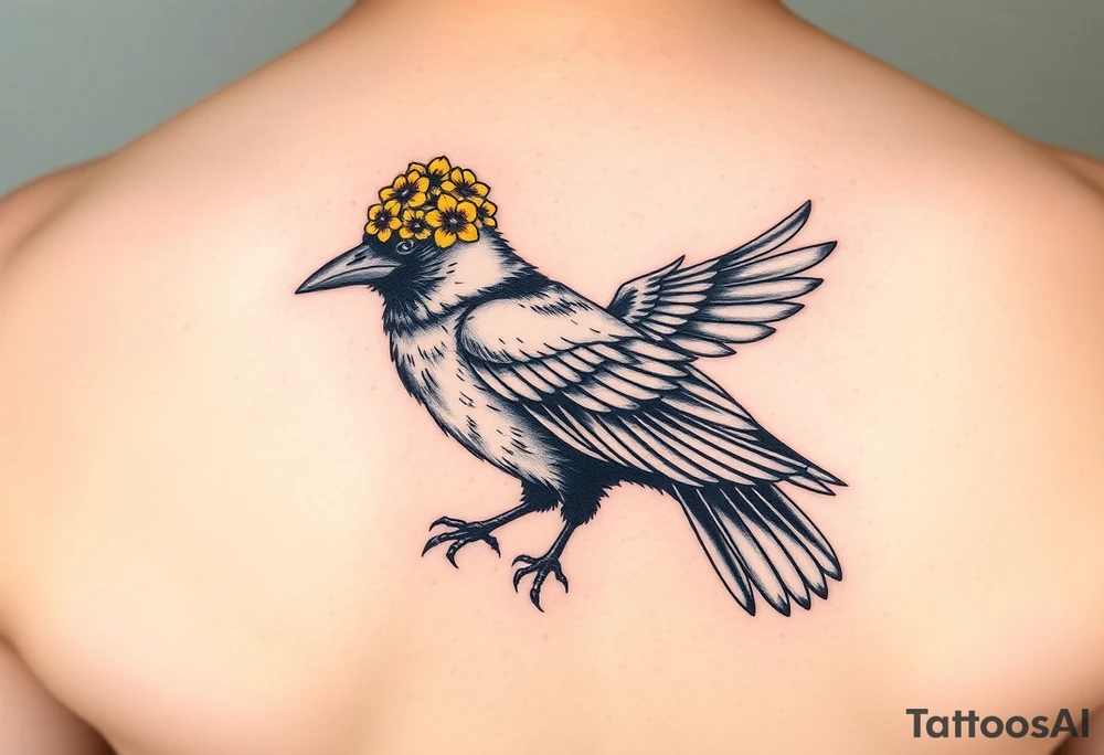 Crow with yellow flower crown and broken wing tattoo idea