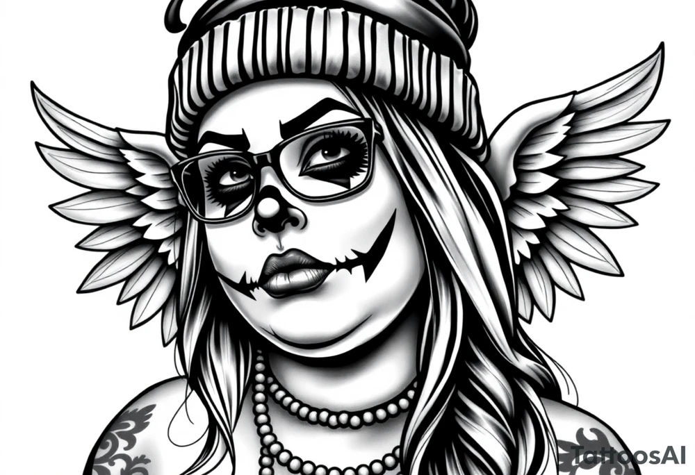 Chicana BBL fat sexy chunky plus size beautiful long hair clown makeup angel wings thug beanie eyeglasses tattoo idea
