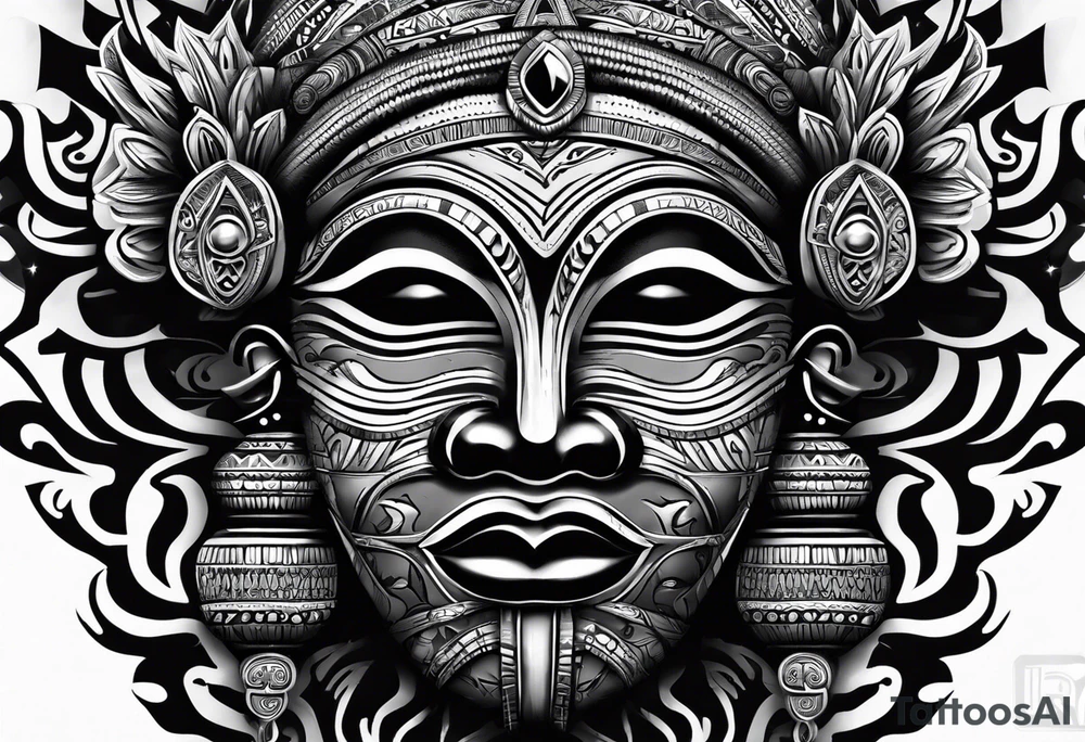 West African tribal mask with waves inside of it tattoo idea