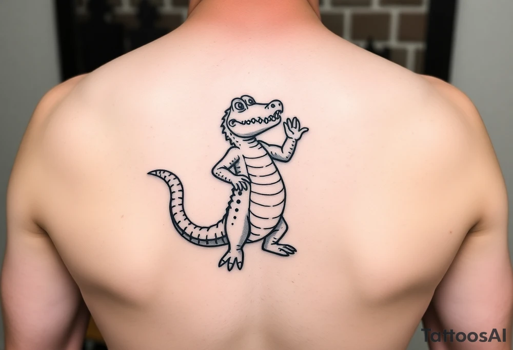 cartoon Mardi gras alligator standing up and dancing tattoo idea