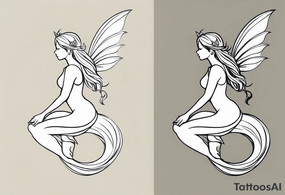 Minimalistic, monochromatic fairy with a tail flying to the left in a fetal position, leaning and looking in the same direction, with visible hands, embodying the 'Fairy Tail' logo aesthetic. tattoo idea
