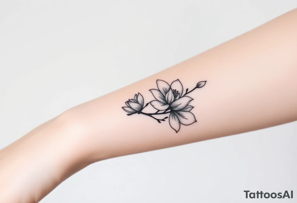 Branch with few magnolia flowers, in different blossom stages with botanical details tattoo idea