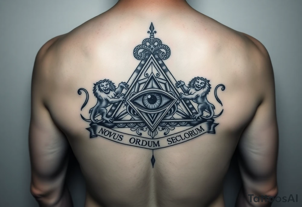 Pyramid with eye in the center, diamond with snake on the top,lions on corners,surrounded by words - novus ordum seclorum tattoo idea