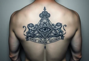 Pyramid with eye in the center, diamond with snake on the top,lions on corners,surrounded by words - novus ordum seclorum tattoo idea