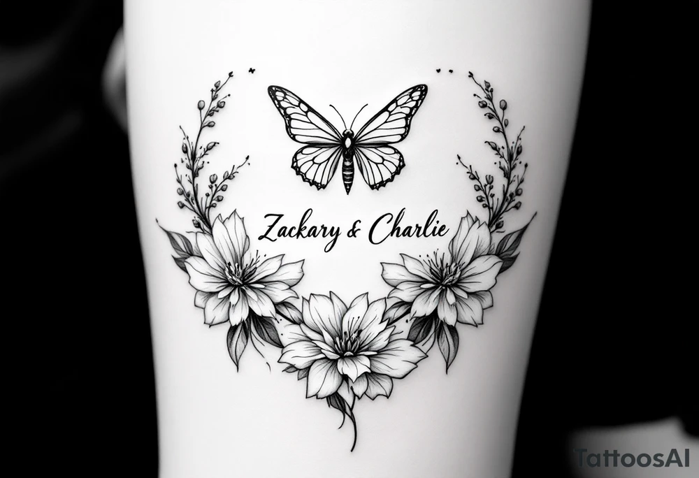 Flowers, heart and buttherfly with name Zackary and Charlie tattoo idea