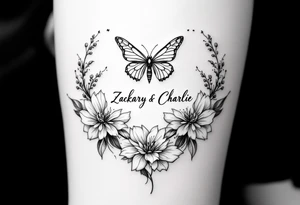 Flowers, heart and buttherfly with name Zackary and Charlie tattoo idea