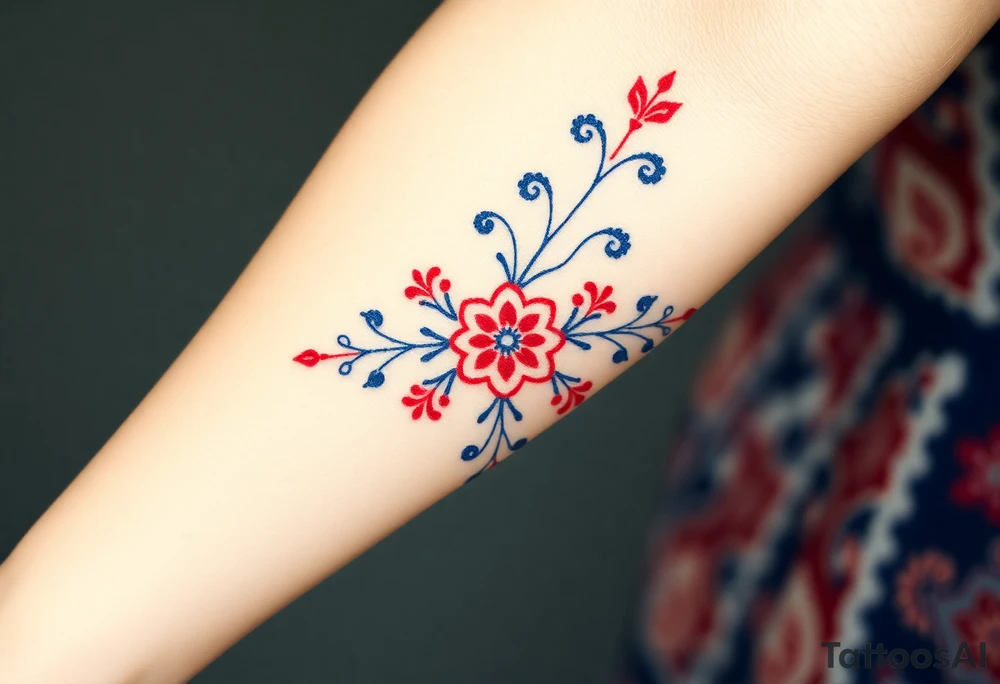 A traditional Moravian folk pattern, in vibrant red, white, and blue, resembling embroidery designs. tattoo idea