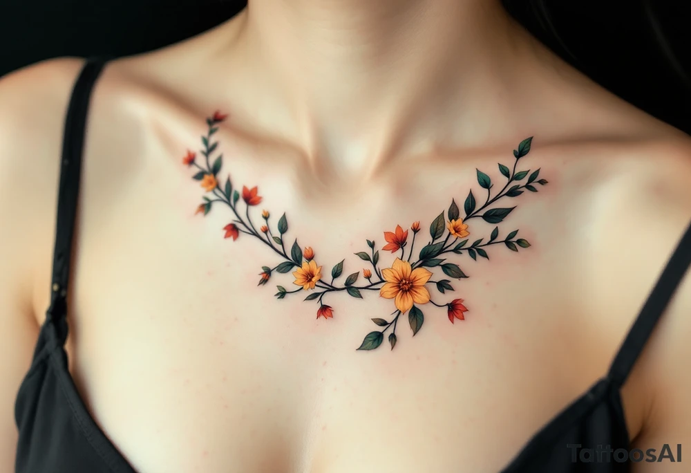 Two separate collarbone tattoos of long, stems and branches covered with red, orange, yellow and dark forest green leaves and flowers, fall themed, muted, delicate and gentle but moody, long and thin, following the collarbone. More muted, not so bright, darker colors tattoo idea