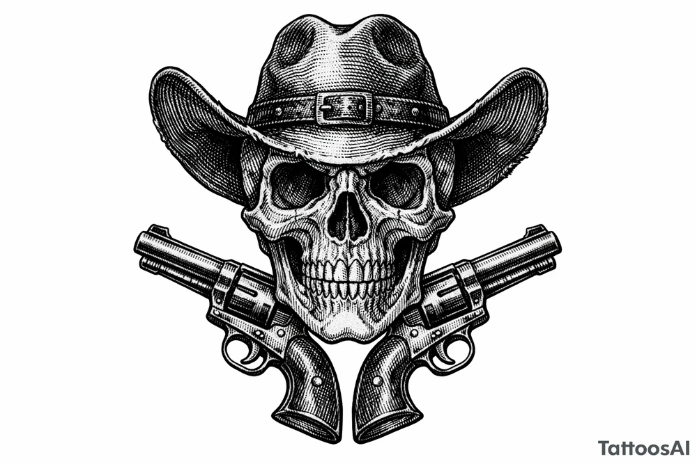 Victorian-era engraved skull, cowboy hat, two revolvers flanking its chin. tattoo idea