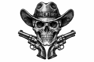 Victorian-era engraved skull, cowboy hat, two revolvers flanking its chin. tattoo idea