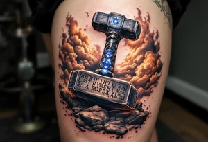 A massive Mjölnir hammer resting on a stone, ancient runes glowing on its surface, surrounded by storm clouds tattoo idea