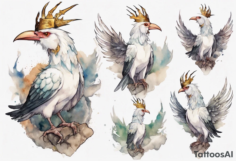 a white Cockatrice wearing a plain iron crown, perched on a stone tattoo idea