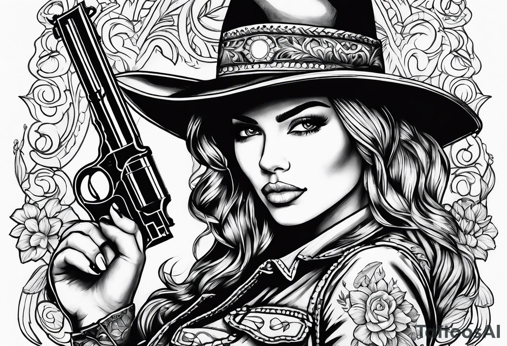 Cowgirl with revolver tattoo idea