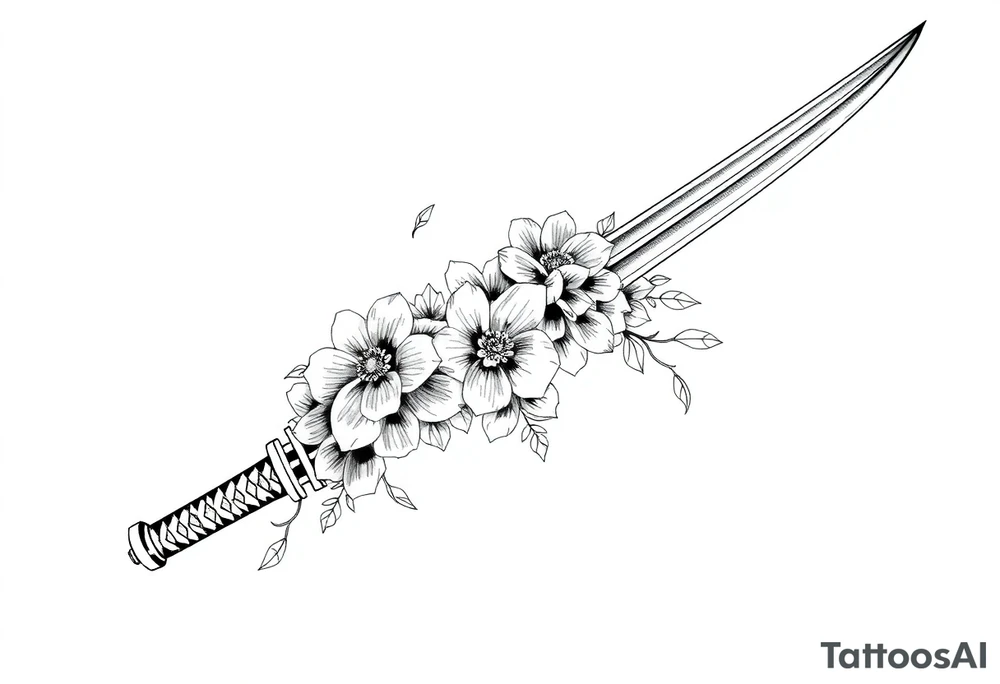 Katana with flowers on the blade tattoo idea