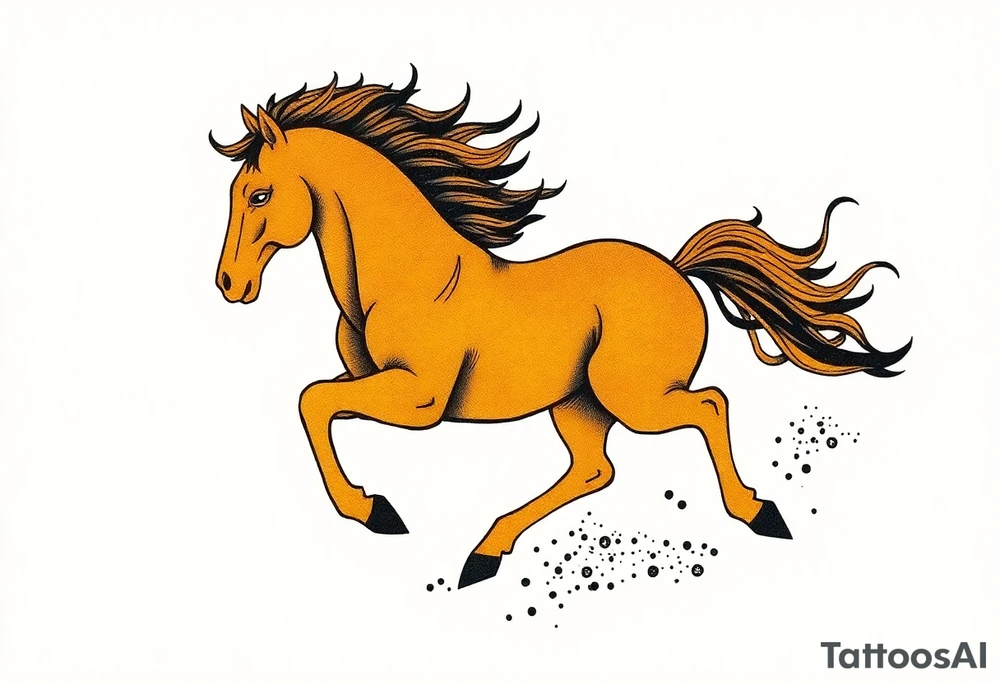The tattoo represents a supernatural encounter with a golden horse with jet-black fur in the mountains of Choquequirao (Cusco, Peru). This mysterious, fleeting horse symbolizes strength, energy, and spiritual rebirth. It appeared at full speed, its hooves shaking the ground, its breath so powerful it drowned out all other sounds. The narrator felt no fear, only awe as the horse took a perfect curve, muscles tense, radiating power and grace. Its presence transformed the narrator, giving them the energy to complete an exhausting trek and leaving them with a profound connection to something greater. The tattoo aims to capture the essence of this moment: strength, speed, beauty, and the spirit of the mountain. For the design, consider drawing inspiration from Japanese tattoo art, known for its dynamic representation of animals like koi fish and dragons, emphasizing fluidity, movement, and symbolic power. tattoo idea