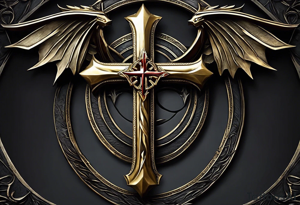 1. The Christian cross with a sharp lower end embedded into the ground represents strength and stability.
2. Roots growing from the cross symbolize growth, resilience, and connection to one's beliefs.
3. The dragon wings on either side add a sense of mysticism and power, suggesting protection and guidance.
4. The eyeball in the middle of the cross could symbolize vigilance, spiritual insight, or the all-seeing eye of God. tattoo idea