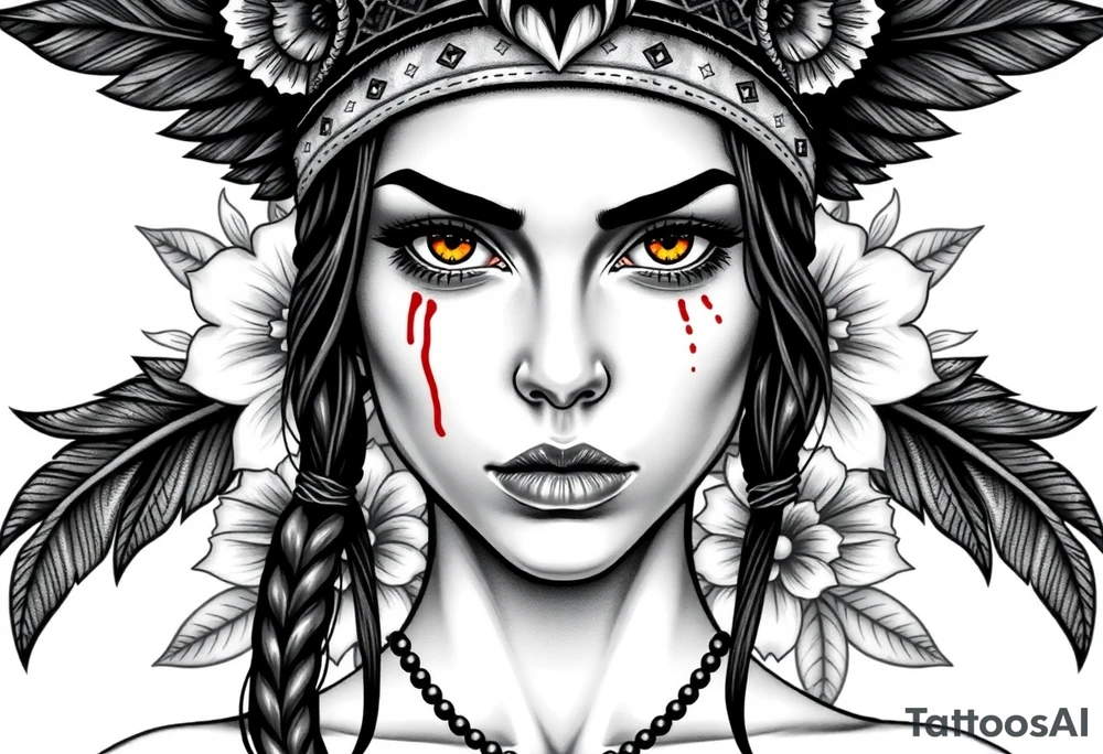 Young Symmetrical Beautiful Woman, looking forward, with colored eyes, shedding a tear, with battle scars and blood on face, with soft look, wearing a mean looking bear headdress on head, with flower background tattoo idea