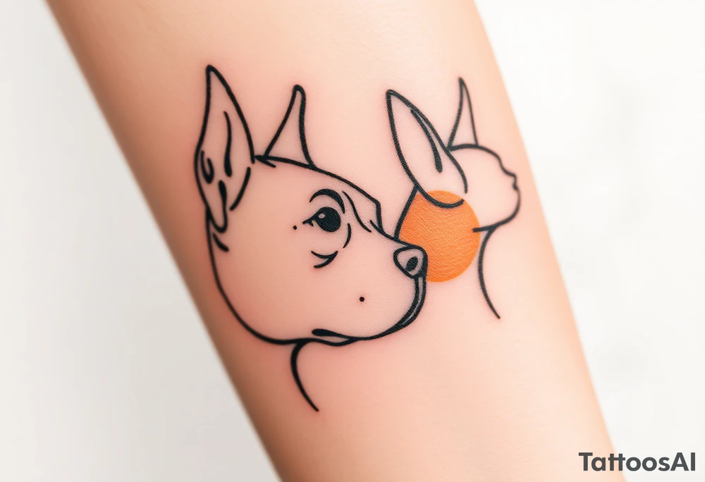 outline of pitbull ears, next to the outline of austrailian cattle dog ears, as they look off into the sunset tattoo idea