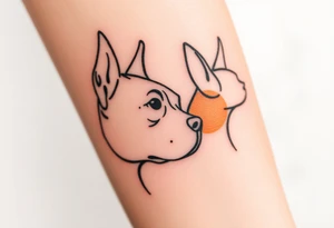 outline of pitbull ears, next to the outline of austrailian cattle dog ears, as they look off into the sunset tattoo idea