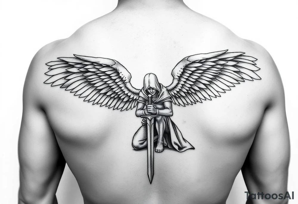 Soldier Angel with long sword kneeling looking down cloak over head wings spread tattoo idea tattoo idea