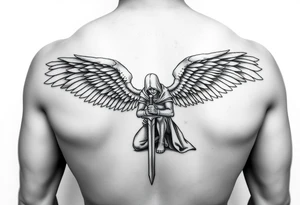 Soldier Angel with long sword kneeling looking down cloak over head wings spread tattoo idea tattoo idea